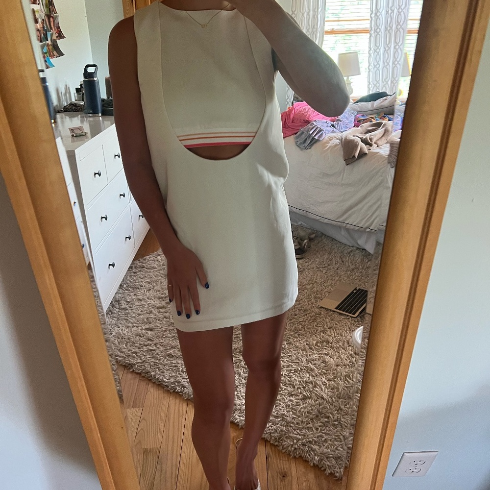 White Mini Cut Out English Factory Dress, Square Style